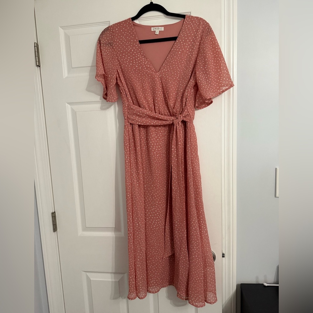 Elegant Pink Polka Dot Wrap Midi Dress